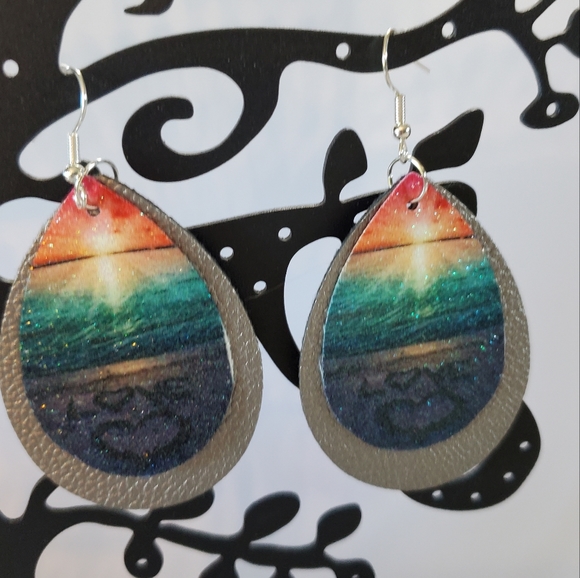 Ocean Sunset Faux Leather Teardrop Earrings - Picture 2 of 13